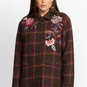 Johnny Was Floral Embroidered Plaid Jacket - Brown and Pink (Sold Out Online)